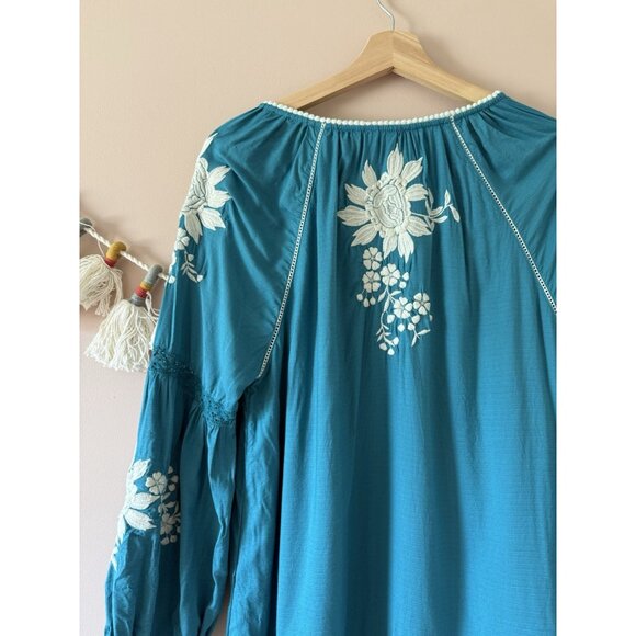 Sundance Teal Embroidered Floral Naomi Isles Top Boho Peasant Feminine Cottage S - Picture 7 of 9